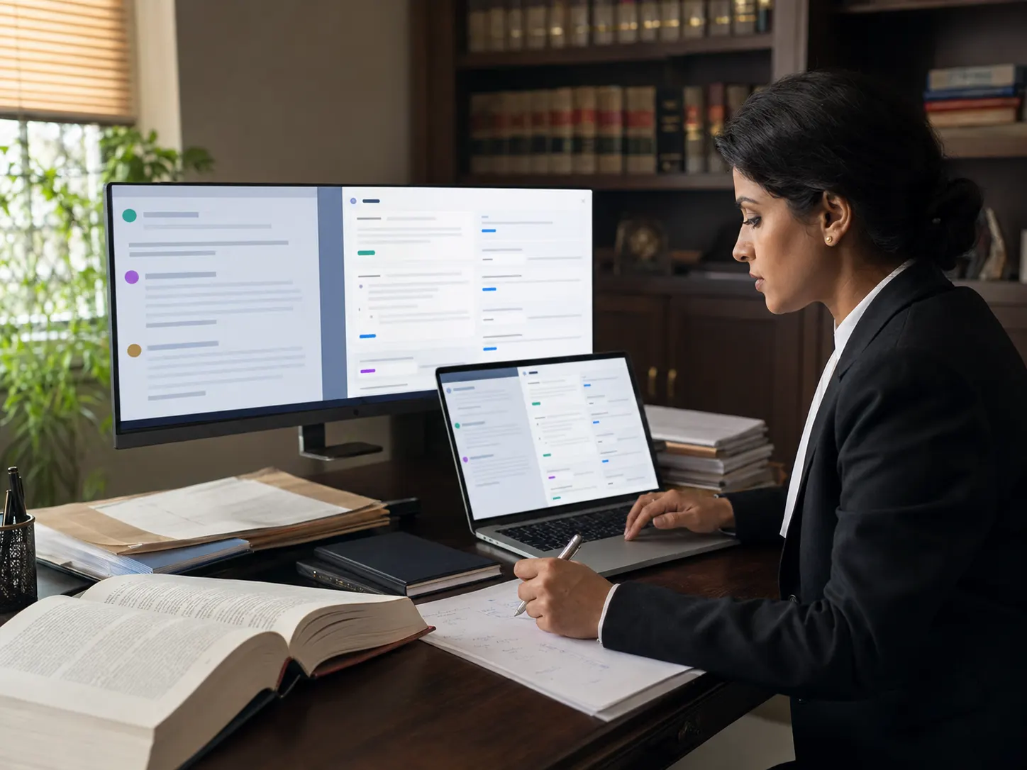 An in-house counsel reviewing contracts across two screens.