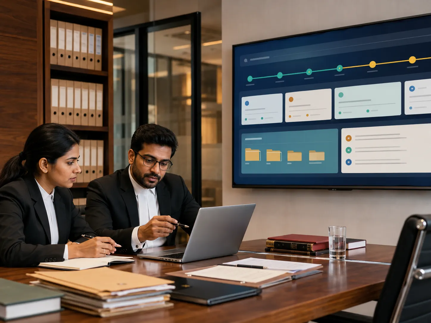 Two advocates from a firm reviewing a matter together on a laptop.