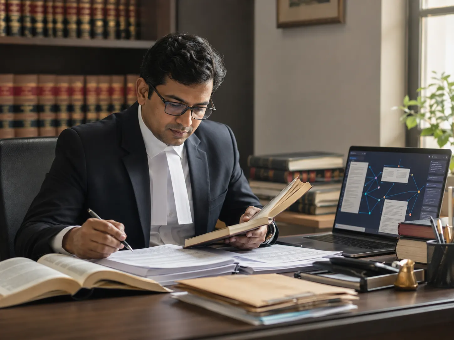 A solo advocate at their desk with a bound law report open and CasePilot on the laptop.