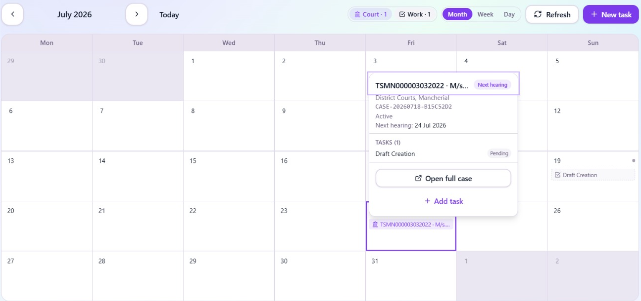 CounselGrid's Docket calendar for July 2026 — a hearing opens a popover showing the court, CNR, next-hearing date and a pending task.